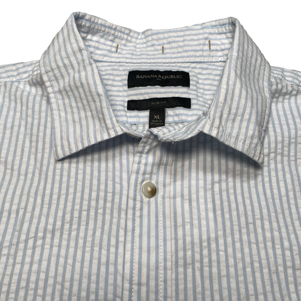 NEW Banana Republic Shirt XL Men S/S Button Up Seersucker Slim Blue White Stripe